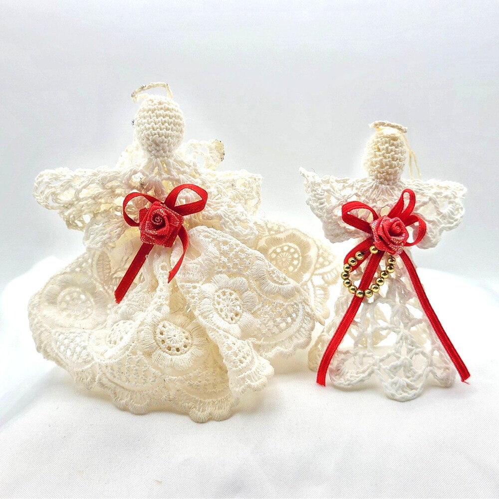 Vintage Handmade Crochet Angel Ornaments Set of 2 Stiffened Lace Christmas